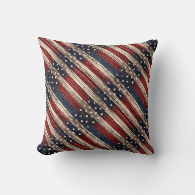 Coussin Drapeau en bois étoilé et rayé patiné (Recto)