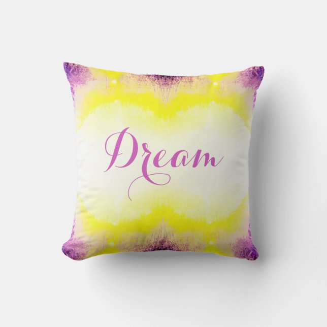 Coussin "Dream" en Script Fuschia Jaune Aquarelle blanche (Recto)