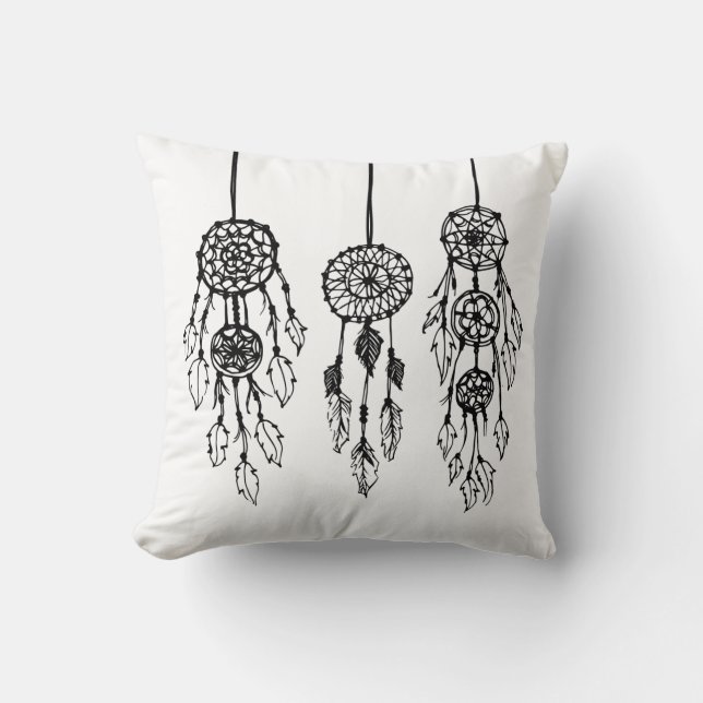Coussin Dreamcatchers Bohémiens Illustrés en noir et blanc (Recto)
