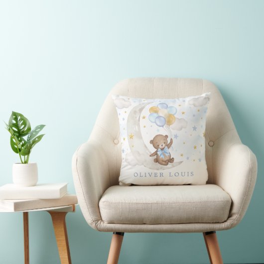 Coussin Dreamy Moon Teddy Bear Blue Gold Ballons Baby Boy (Chaise)