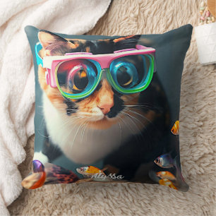 Coussin Drôle Chat dans l'Aquarium