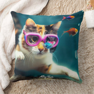 Coussin Drôle Chat dans l'Aquarium