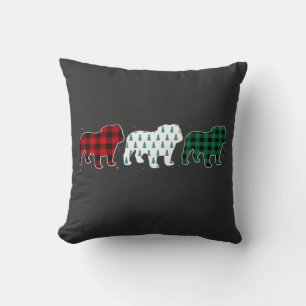Coussin Drôle de Bulldog Anglais à Carreaux Rouges Noël Am