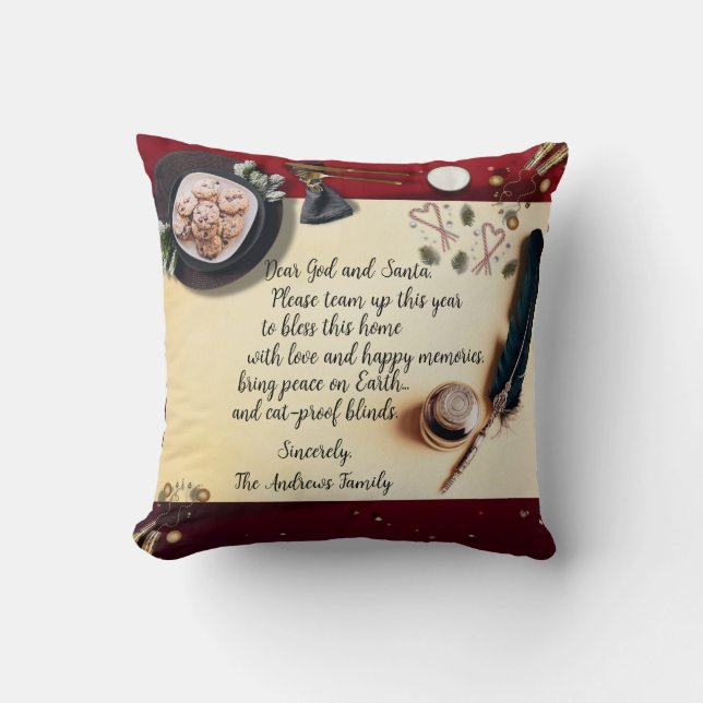 Coussin Drôle de note "Cher Dieu et Père Noël" et plume (Recto)