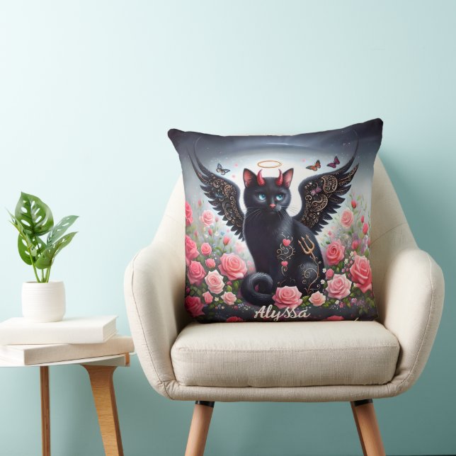 Coussin Drôle démon noir et chat ange (Chaise)