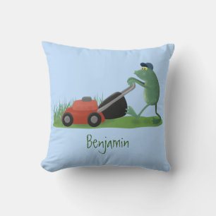 Coussin Drôle grenouille verte tondre la pelouse dessin