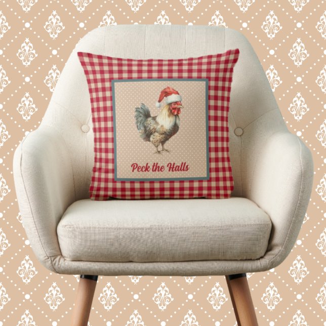 Coussin Drôle Rooster Peck the Halls Ferme Noël (Créateur téléchargé)