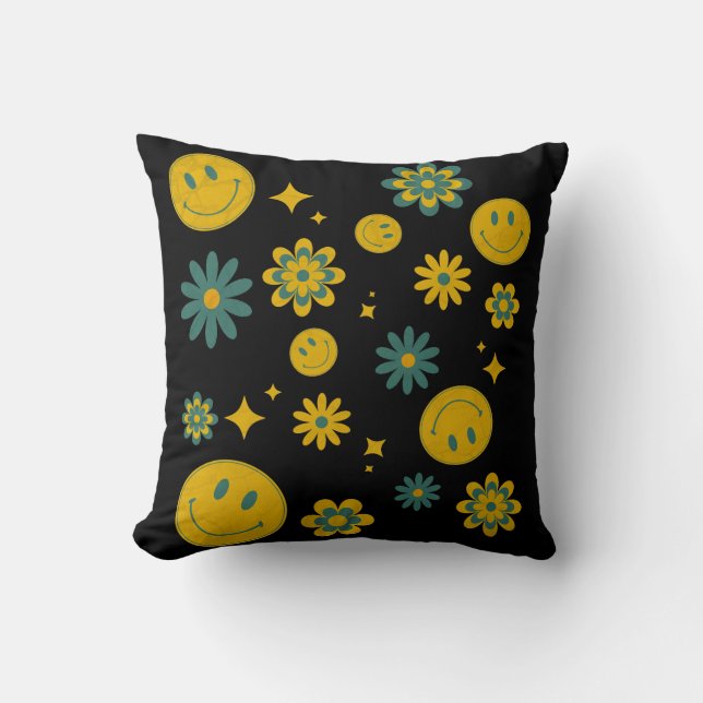 Coussin drôle visage sourire et fleurs super (Recto)