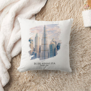 Coussin Dubaï Burj Khalifa Cité de Luxe Skyline Aquarelle