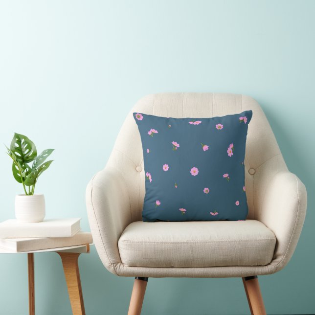 Coussin Dusky Blue Japanese Pink Cosmos Floral Pattern (Chaise)