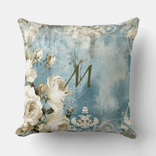 Coussin Dusty Blue Bourgogne Floral Marbre Nom Monogramme