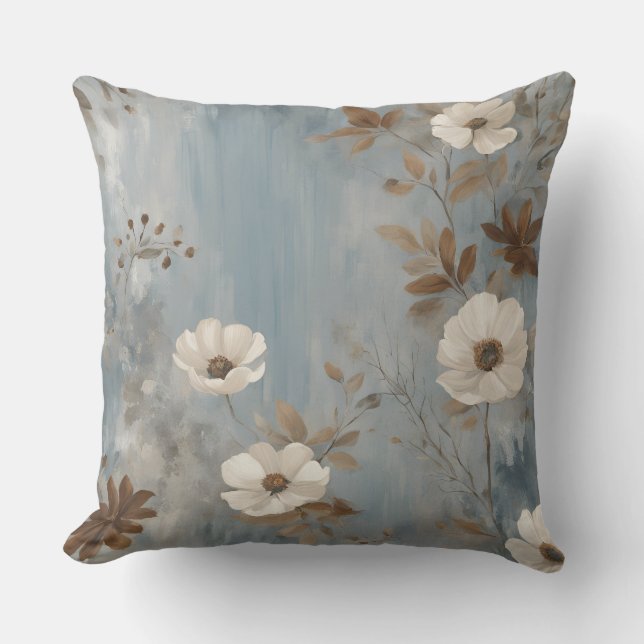 Coussin Dusty Blue Brown Grey Moderne Ferme Florale (Recto)
