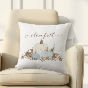 Coussin Dusty Blue I Love Fall Blanc Citrouille Pays