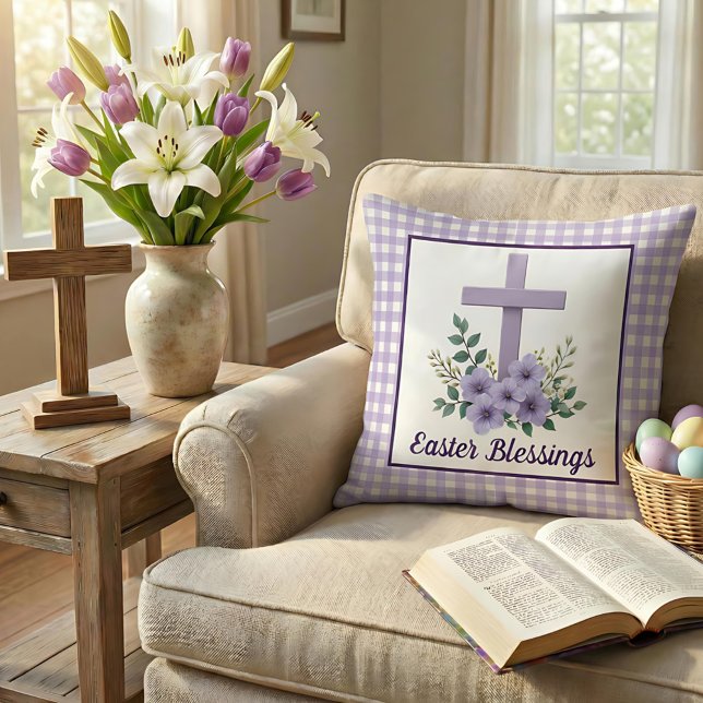 Coussin Easter Blessings Cross with Flowers Purple Gingham (Créateur téléchargé)