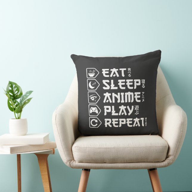 Coussin Eat Sleep Anime Play Repeat Otaku Anime Lifestyle (Chaise)