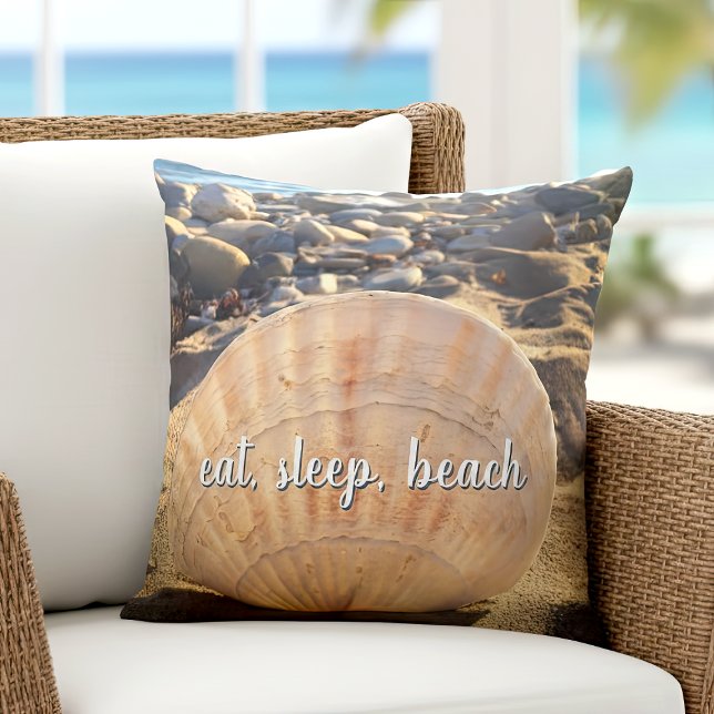 Coussin Eat Sleep Beach Seashell Californie Script photo (Créateur téléchargé)
