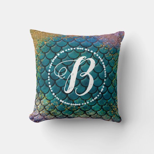 Coussin Écaille de Poisson Sirène Glam Turquoise Violet Or (Recto)