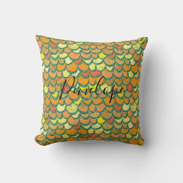 Coussin Écaille de sirène ou de dragon pailletée orange (Recto)