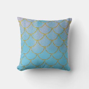Coussin Écailles de sirène irisées bleu et or avec chatoie