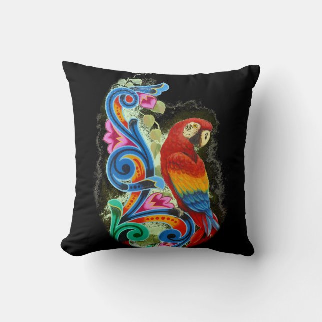 Coussin écarlate macaw noir (Recto)