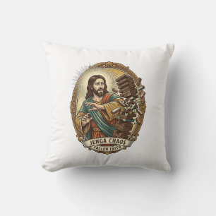Coussin Échec de Jésus écrasant la tour de Jenga de la fêt