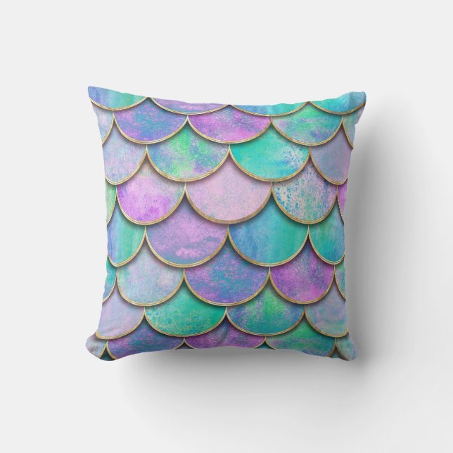 Coussin Échelles de sirène : motif d'onde aquarelle. (Recto)