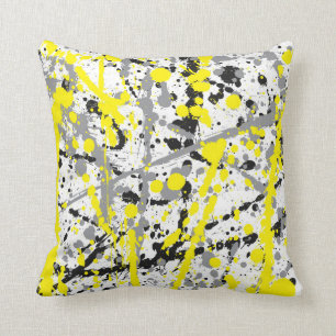 Coussin Éclaboussure grise et jaune noire d'encre