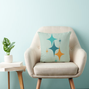 Coussin Éclatement Stellaire Atomique Teal, Aqua, Orange d