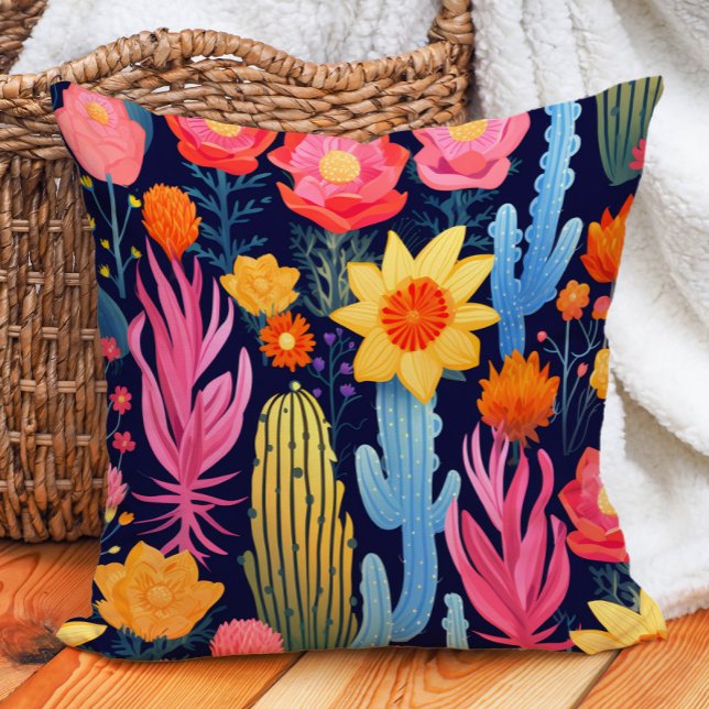 Coussin Éclectique Cactus Floral Jaune Rose Rouge Marine (Eclectic Bold Yellow Pink Red Navy Floral Cactus Throw Pillow)