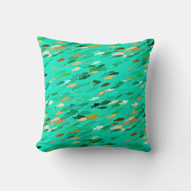 Coussin École de Poisson, Aqua, Vert et Or (Recto)