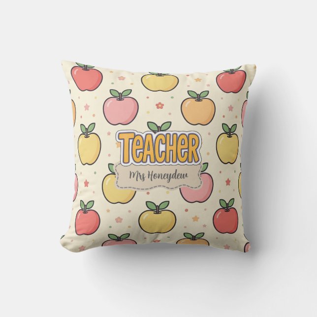Coussin École de professeur jaune motif pomme  (Recto)