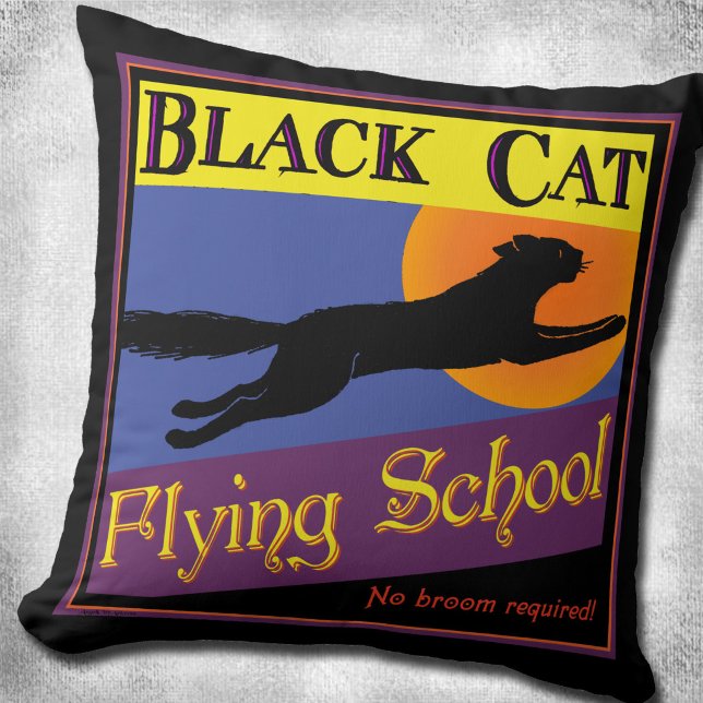 Coussin École de vol de chat noir Rétro 16" (Black Cat Flying School Retro 16" Throw Pillow)