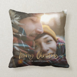 Coussin Ecriture or joyeux noël rouge tartan photo