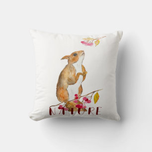 Coussin Écureuil d'aquarelle drôle sur une branche avec de