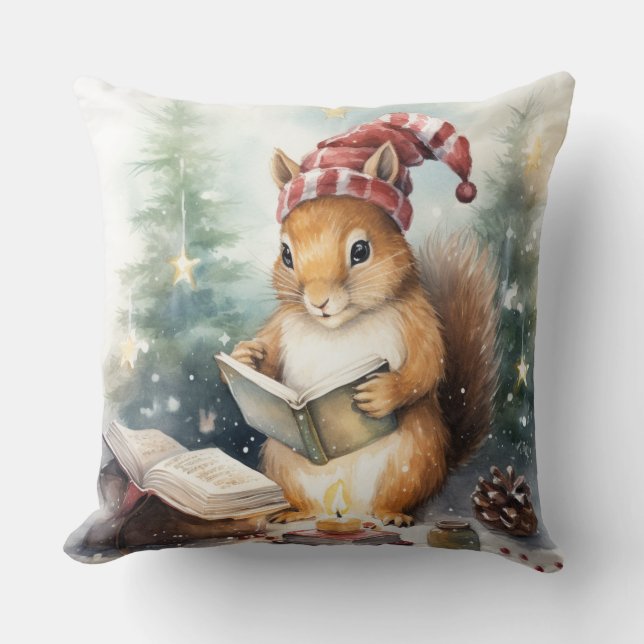 Coussin Écureuil de Noël lisant (Recto)
