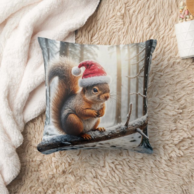 Coussin Écureuil de Noël sur la branche des arbres neigeux (Couverture)