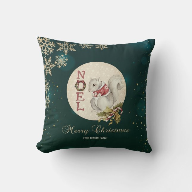 Coussin Écureuil de Noël vintage, Flocons de neige (Recto)