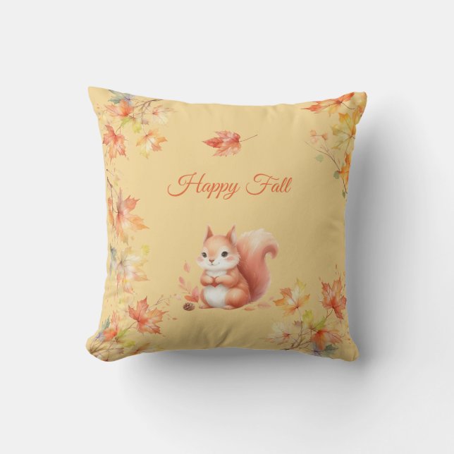 Coussin Écureuil heureux d'automne dans les feuilles (Recto)