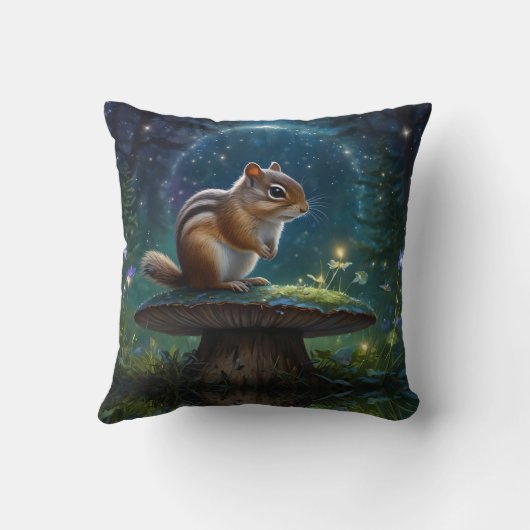 Coussin Écureuil Mignon sur Champignon au Clair de Lune (Verso)
