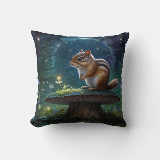 Coussin Écureuil Mignon sur Champignon au Clair de Lune (Recto)