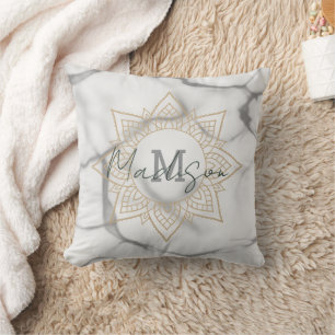 Coussin Effet Gris et Marbre blanc Or Mandala Monogramme