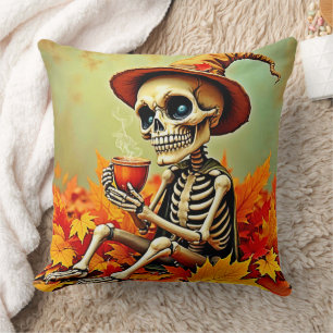 Coussin Éffrayant Automne Skeleton's Coffee Break Design