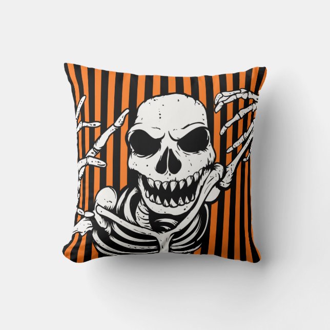 Coussin Éffrayant Halloween Squelette Orange Noir (Recto)