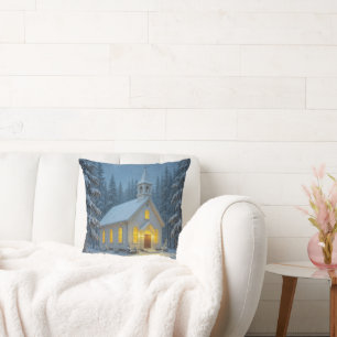 Coussin Église de campagne hivernale sous les flocons de n