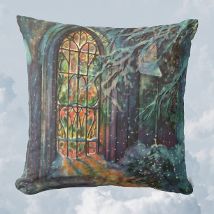 Coussin Église de Noël vintage avec vitrail