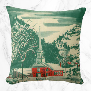 Coussin Eglise de Noël Vintage, paysage de neige en hiver