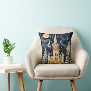 Coussin Église d'hiver de Noël de style gouache vintage