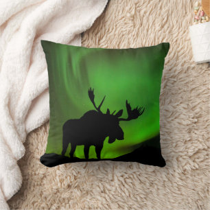 Coussin Élan avec aurore boréale verte, Alaska