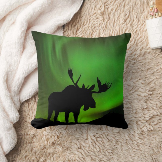 Coussin Élan avec aurore boréale verte, Alaska (Couverture)