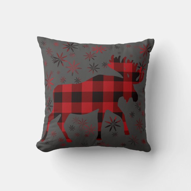 Coussin Élan de Noël carreau rouge noir classique (Recto)
